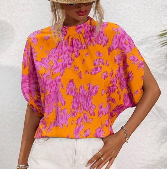 Tops - Womens' Stand Collar Tie-Dye Batwing Sleeve Shirt